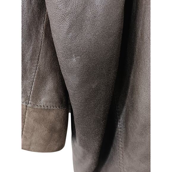 Tahari Woman 100% Leather Jacket Brown Suede Trim Open Front Pockets Boho Chic L - Picture 14 of 16